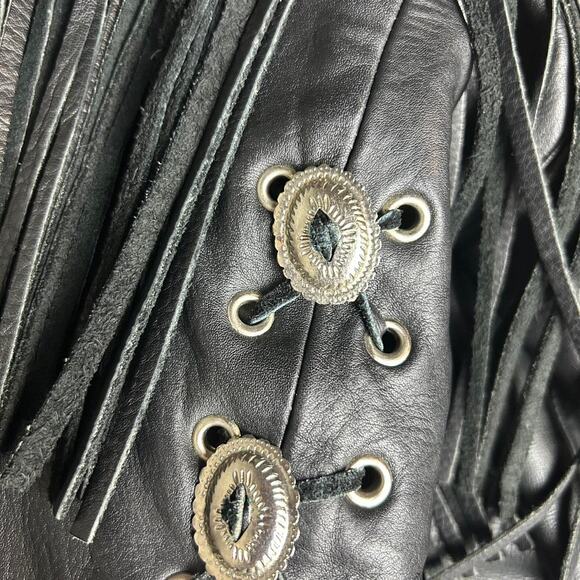 Black Leather Jacket with Red Rose Embroidery and Fringe - Picture 5 of 6